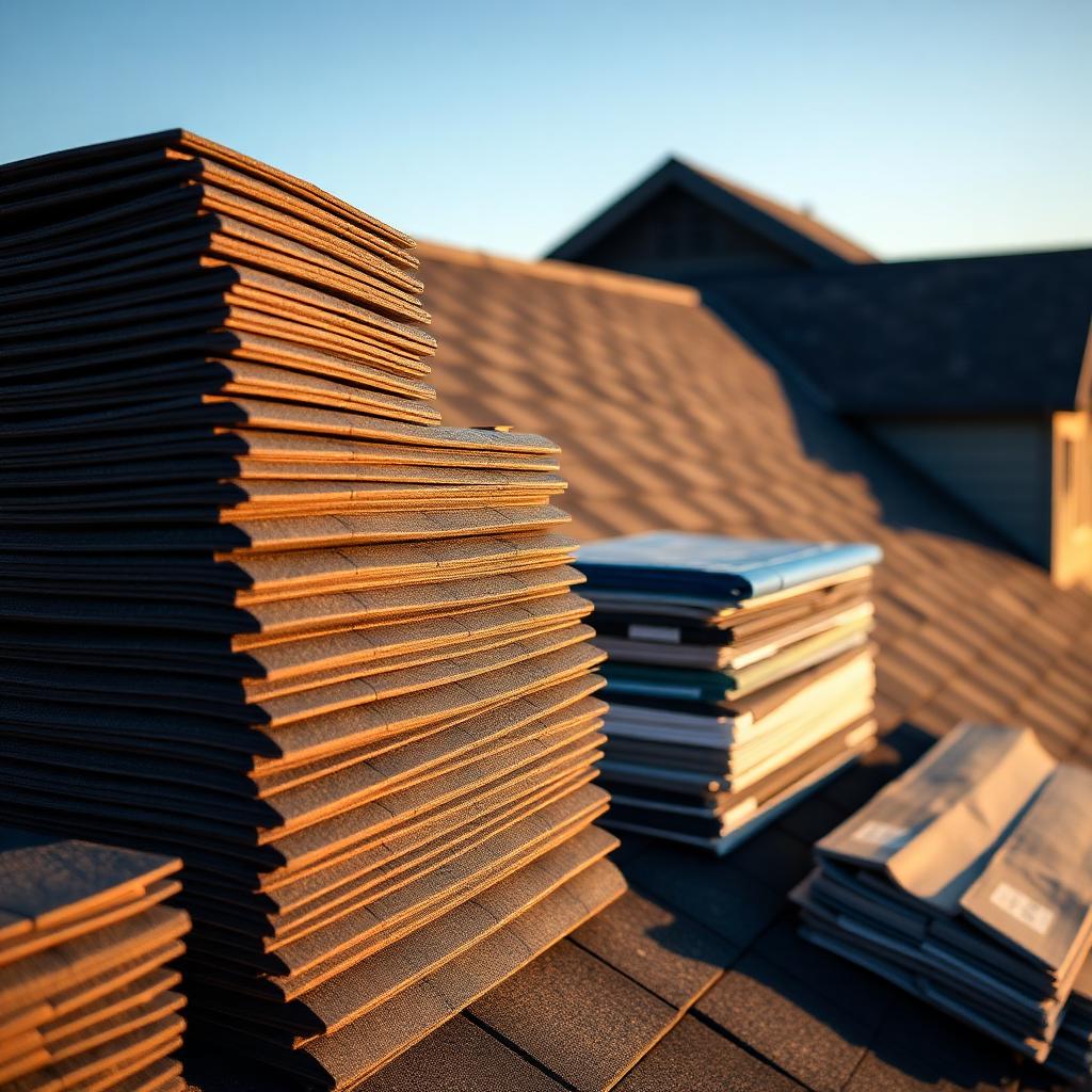 Stacks of architectural shingle bundles on a jobsite